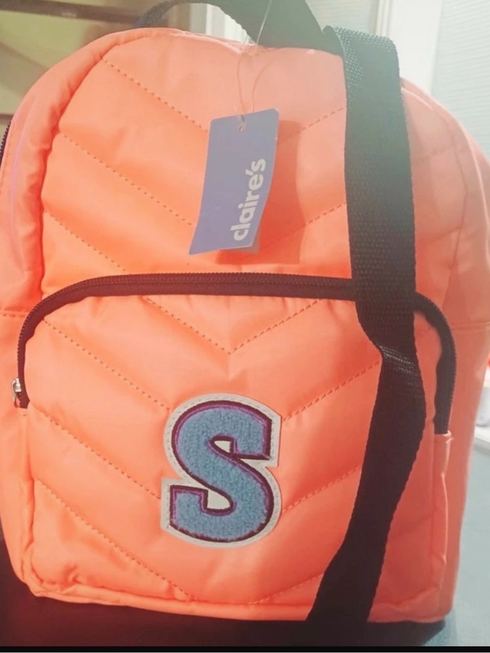 Claire's Coral Quilted Mini Backpack with Black Strap and 'S' Patch